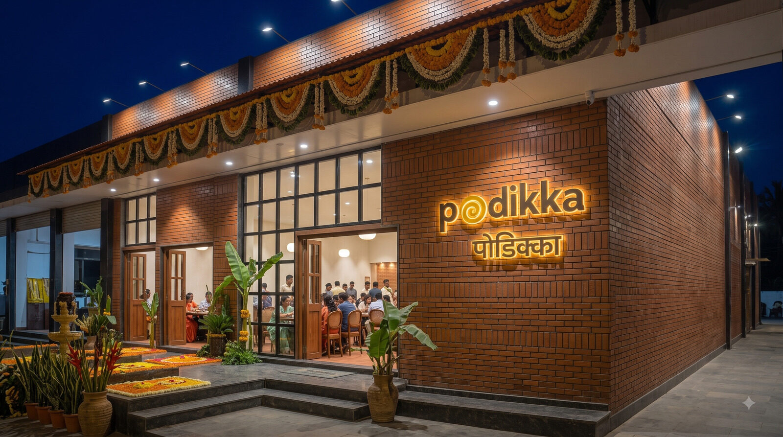 Podikka restaurant storefront at night